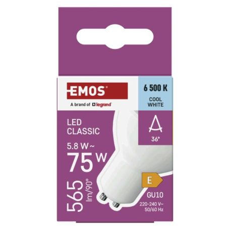 LED izzó Classic MR16 fehér/ GU10 / 5,8 W (75 W) / 565 lm / Hideg fehér