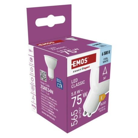 LED izzó Classic MR16 fehér/ GU10 / 5,8 W (75 W) / 565 lm / Hideg fehér