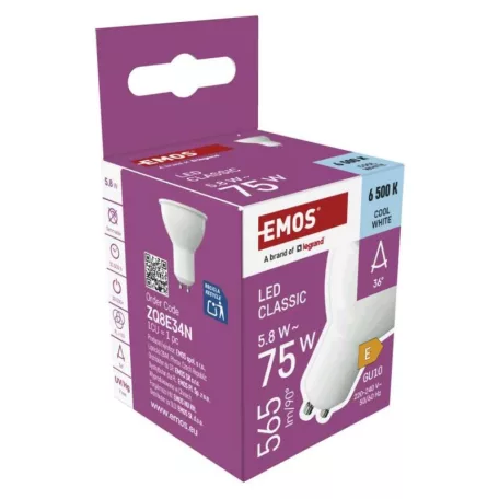 LED izzó Classic MR16 fehér/ GU10 / 5,8 W (75 W) / 565 lm / Hideg fehér