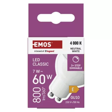LED izzó Classic MR16 / GU10 / 7 W (60 W) / 800 lm / Természetes fehér / dimmelhető