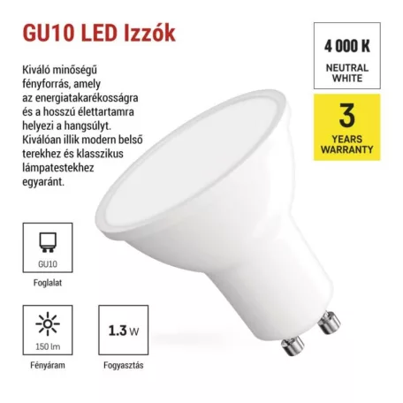 LED izzó Classic MR16 fehér/ GU10 / 1,3 W (16 W) / 150 lm / Természetes fehér
