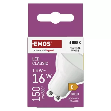 LED izzó Classic MR16 fehér/ GU10 / 1,3 W (16 W) / 150 lm / Természetes fehér