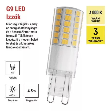 LED izzó Classic JC / G9 / 4,3 W (48 W) / 600 lm / Meleg fehér