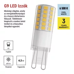   LED izzó Classic JC / G9 / 4,3 W (48 W) / 600 lm / Hideg fehér