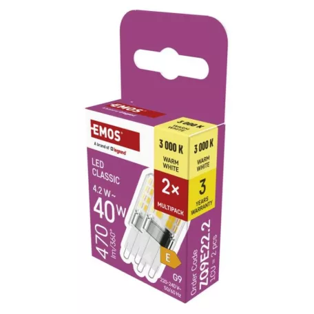LED izzó Classic JC / G9 / 4,2 W (40 W) / 470 lm / meleg fehér / 2 pcs
