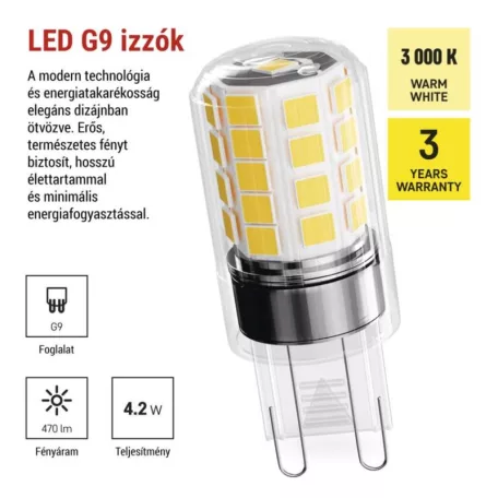 LED izzó Classic JC / G9 / 4,2 W (40 W) / 470 lm / meleg fehér / 2 pcs
