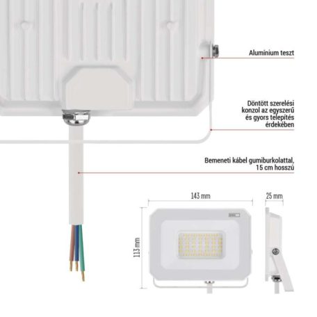 LED reflektor SIMPO 30W, fehér, IP65, 3000 lm, természetes fehér