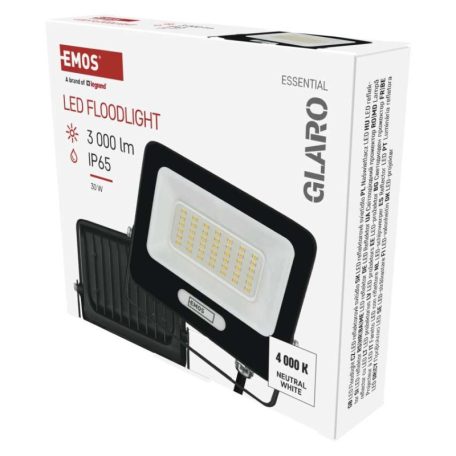 LED reflektor GLARO 30W, fekete, IP65, 3000 lm, természetes fehér