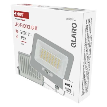 LED reflektor GLARO 30W, fehér, IP65, 3000 lm, természetes fehér