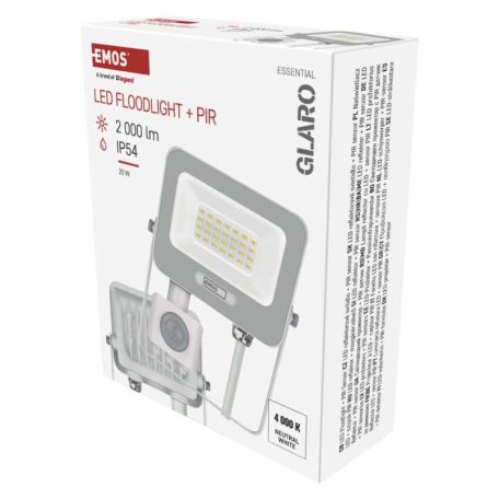 LED reflektor GLARO PIR 20 W, fehér, IP54, 2000 lm, természetes fehér