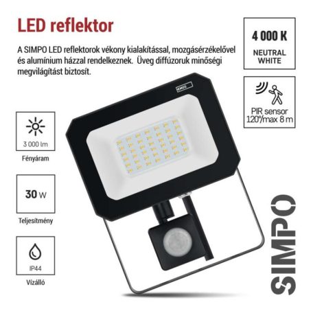 LED reflektor SIMPO PIR 30 W természetes fehér