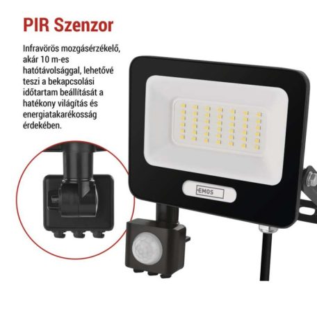 LED reflektor GLARO PIR 30 W, fekete, IP54, 3000 lm, természetes fehér