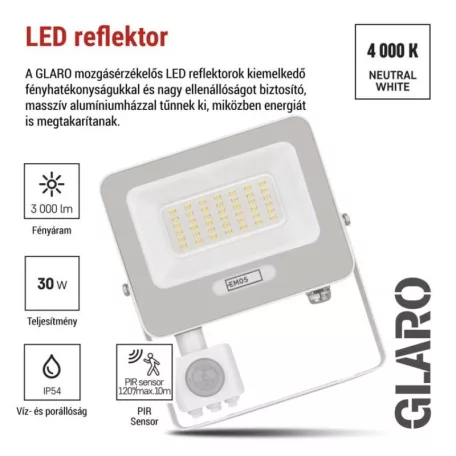 LED reflektor GLARO PIR 30 W, fehér, IP54, 3000 lm, természetes fehér