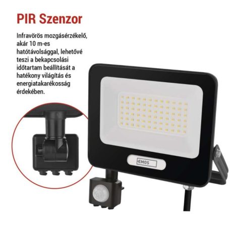 LED reflektor GLARO PIR 50 W, fekete, IP54, 5000 lm, természetes fehér