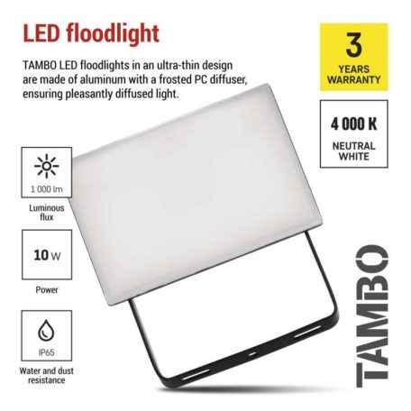 LED-es reflektor TAMBO, 10 W, 1000 lm, IP65, fekete