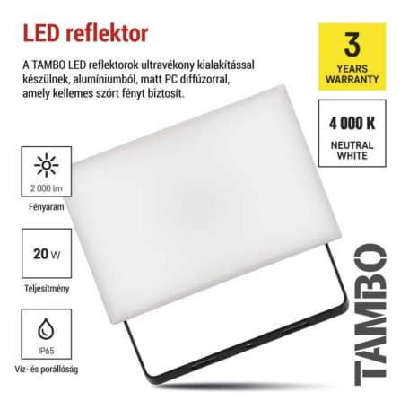 LED-es reflektor TAMBO, 20 W, 2000 lm, IP65, fekete