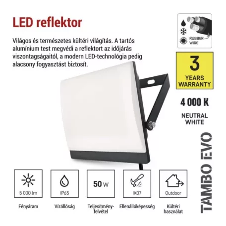 LED-es reflektor TAMBO EVO, 50 W, 5000 lm, IP65, fekete