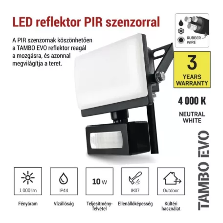LED-es reflektor TAMBO EVO mozgásérzékelővel, 10 W, 1000 lm, IP44, fekete