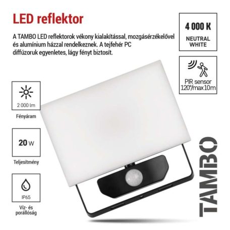 LED-es reflektor TAMBO mozgásérzékelővel, 20 W, 2000 lm, fekete