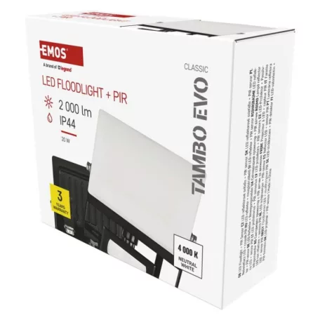 LED-es reflektor TAMBO EVO mozgásérzékelővel, 20 W, 2000 lm, IP44, fekete