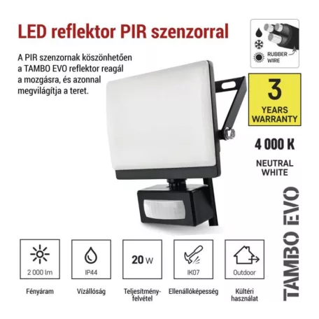 LED-es reflektor TAMBO EVO mozgásérzékelővel, 20 W, 2000 lm, IP44, fekete