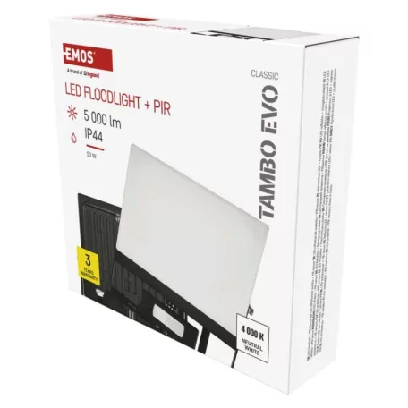 LED-es reflektor TAMBO EVO mozgásérzékelővel, 50 W, 5000 lm, IP44, fekete