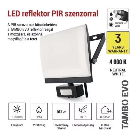 LED-es reflektor TAMBO EVO mozgásérzékelővel, 50 W, 5000 lm, IP44, fekete