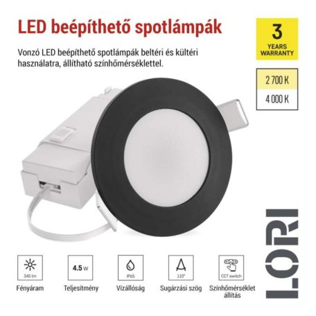 LED reflektor LORI fekete, kerek, 4,5W CCT