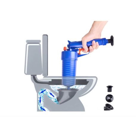 Sprinter Dugulás megszüntető WC pumpa - 3-féle fejjel - Kék - Sűrített levegős nagy teljesítményű dugulás elhárító,lefolyó tisztító