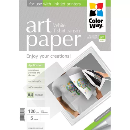COLORWAY Fotópapír, pólóra vasalható (ART T-shirt transfer, white), 120 g/m2, A4, 5 lap