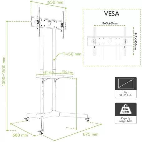 TECHLY ICA-TR6 gurulós padlóállvány 30-65" LED/LCD kijelzőhöz