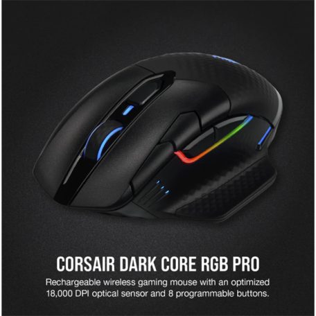 CORSAIR Vezetékes/Vezeték Nélküli Egér Gaming, DARK CORE RGB PRO, 8 programozható gomb, RGB, 18000dpi, fekete