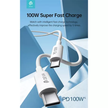DEVIA USB-C - USB C (Type-C) ADAT ÉS TÖLTŐKÁBEL - SMART SERIES 100W PD, FEHÉR, 1,5m