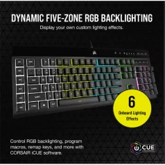   CORSAIR Vezetékes Billentyűzet Gaming, K55 RGB PRO, 6 programozható billentyű, Cseppálló, Csuklótámasz, US, fekete