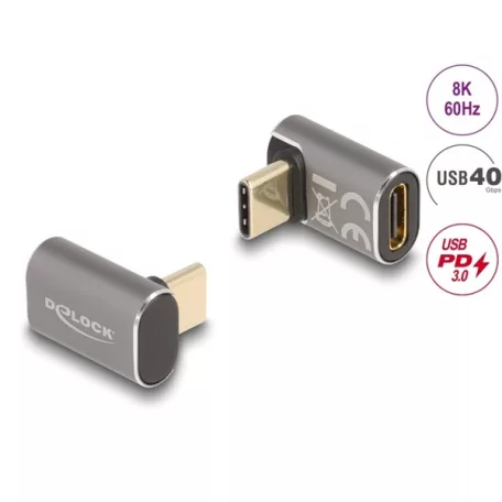 DELOCK Átalakító USB 40 Gbps Type-C male > female PD 3.0 100W 90 fokos 8K 60Hz fém