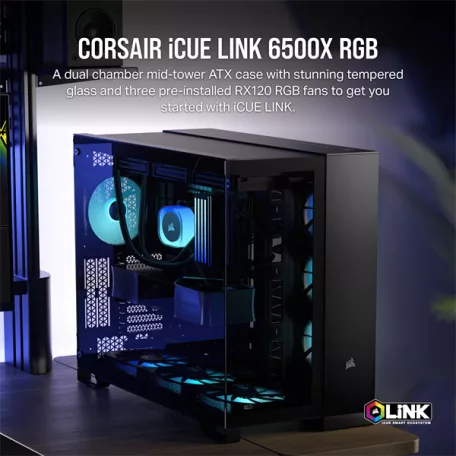 CORSAIR Ház ATX iCUE LINK 6500X RGB, Tápegység nélkül, Edzett Üveg, fekete