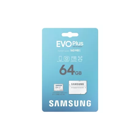 SAMSUNG Memóriakártya, EVO Plus microSDXC kártya, 64GB, UHS-I, U1, V10, A1, + SD Adapter, R160/W