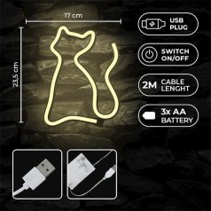   FOREVER LIGHT Neon LED dekorációs lámpa CICA meleg fehér, USB, be/ki kapcsoló, 3 X AA, falra akasztható