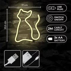   FOREVER LIGHT Neon LED dekorációs lámpa CICA meleg fehér, USB, be/ki kapcsoló, 3 X AA, falra akasztható