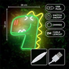   FOREVER LIGHT Neon LED dekorációs lámpa JURASSIC DINO zöld, szabályozható, USB, be/ki  kapcsoló,  falra szerelhető