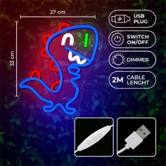   FOREVER LIGHT Neon LED dekorációs lámpa JURASSIC BABY DINO kék, szabályozható, USB, be/ki kapcsoló,  falra szerelhető