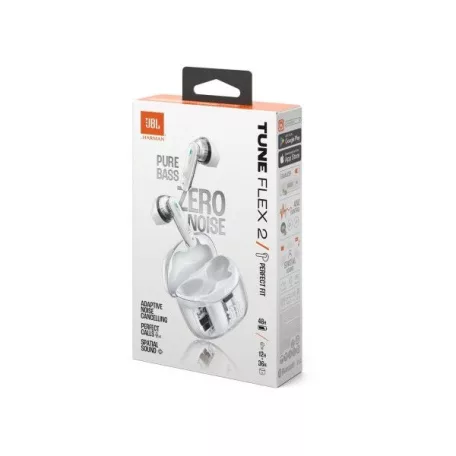 JBL TUNE FLEX 2 GHOST EDITION Bluetooth fülhallgató, tölthető 2 óra, IP45, adaptív zajcsökkentés,  térhatás, fehér
