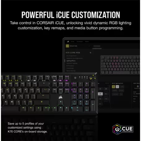 CORSAIR Vezetékes Billentyűzet Gaming, K70 CORE RGB, Mechanikus, MLX Red switch, 104 gombos, US, fekete