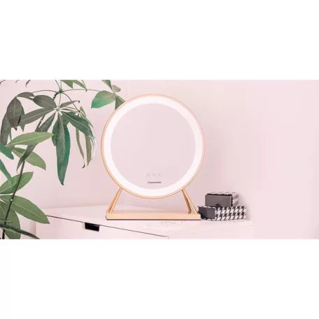 HUMANAS HM04 kerek álló smiktükör, 40 cm átmérő, LED, integrált érintő gombok, 3 színhőmérséklet, arany