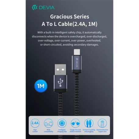 DEVIA ST108035 Gracious v2 12W USB/Lightning adat-és töltőkábel, fekete, 1m
