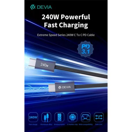 DEVIA ST108721 Extreme Speed PD 240W, USB-C - USB C (Type-C) adat-és töltőkábel, fekete, 2m