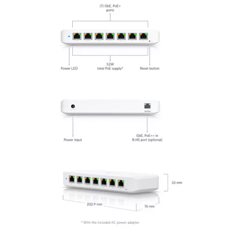 UBiQUiTi Ultra Switch 8x1000Mbps (7xPOE+ 60W), Menedzselhető, Asztali - USW-Ultra-60W