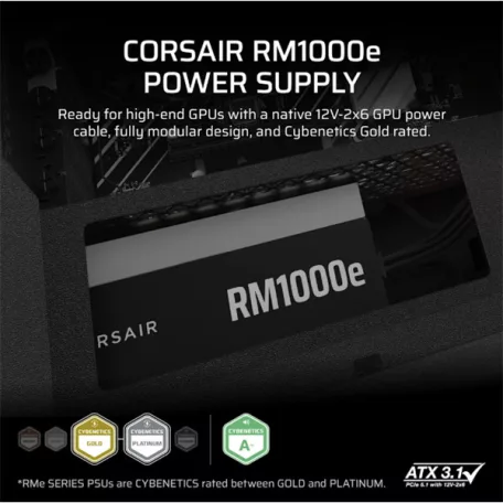 CORSAIR Tápegység Moduláris, RM1000e, 1000W, 12cm, ATX 3.1, PCIe 5.1, BOX, Cybenetics Gold