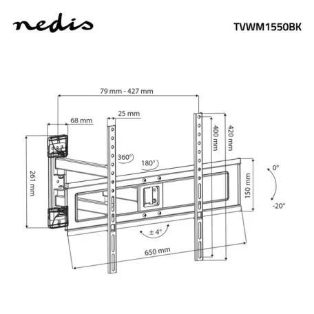 Nedis TVWM1550BK 37"-70 LCD TV / monitor fali tartókonzol, maximum 35 kg, dönthető és forgatható, acél, fekete