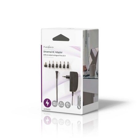 Nedis ACPA003 univerzális AC-DC tápegység, állítható 9V-24V, 24W, 1.0 - 1.5 A, 6 cserélhető táp dugó